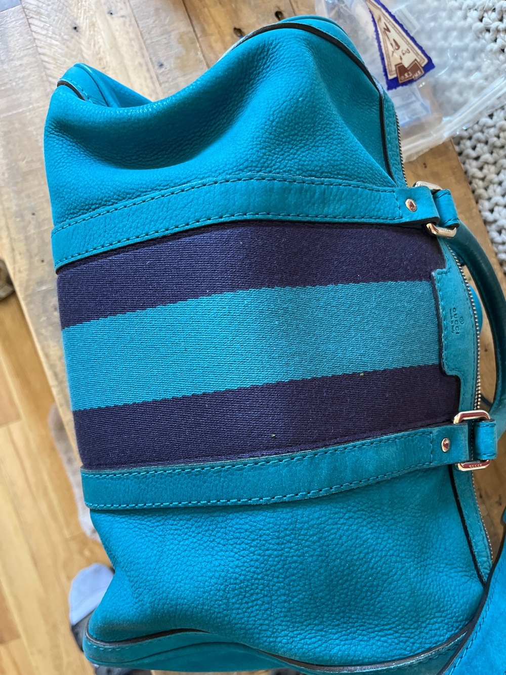 Authentic Gucci Teal Blue Suede Web Boston Bag - Picture 7 of 16